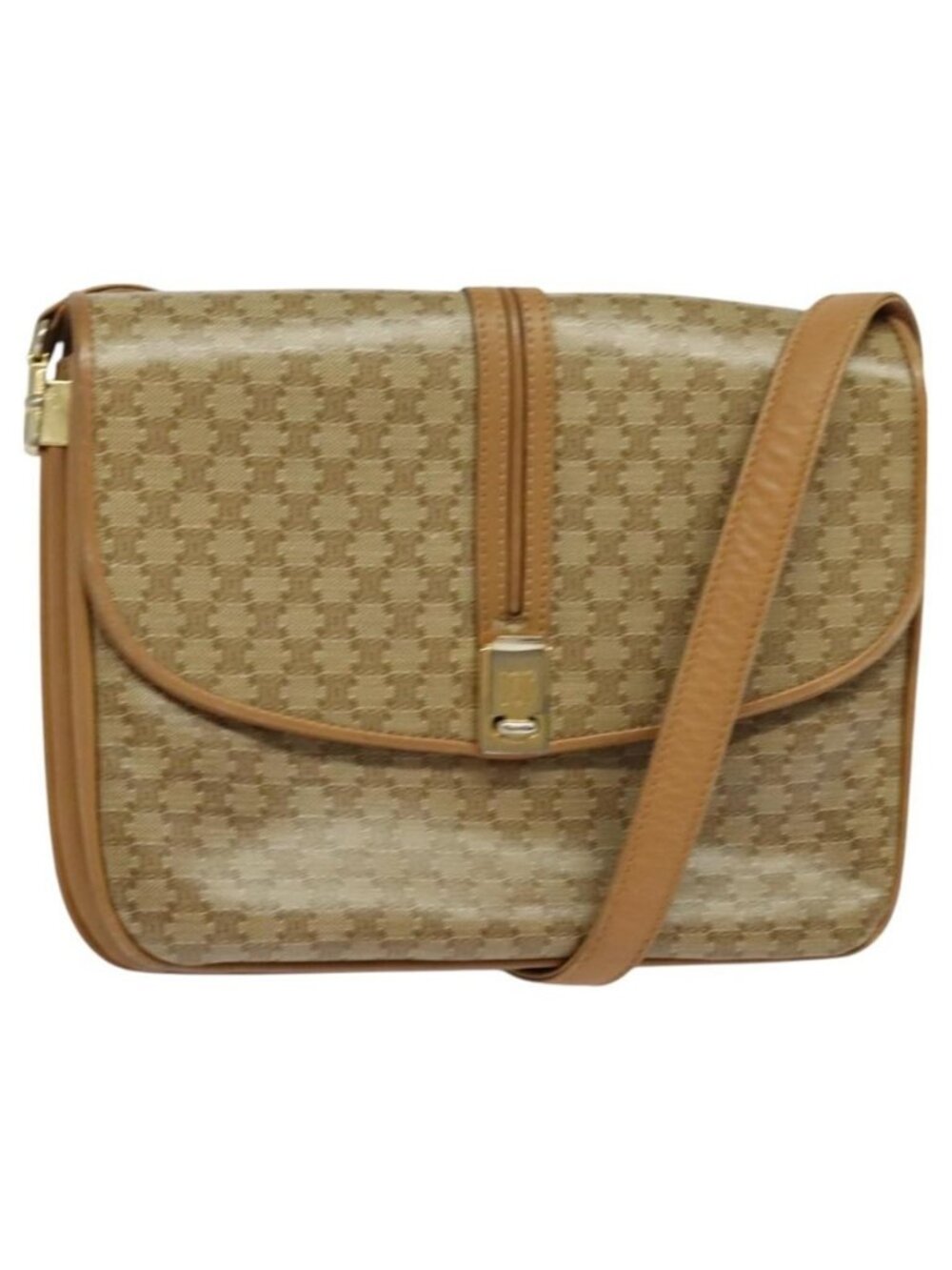 Authentic CELINE Macadam Canvas Shoulder Bag PVC Beige Gold